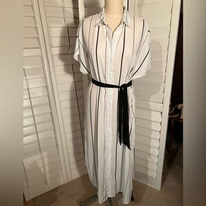 White and Black Striped Button-Front Shirt Dress with Waist Tie